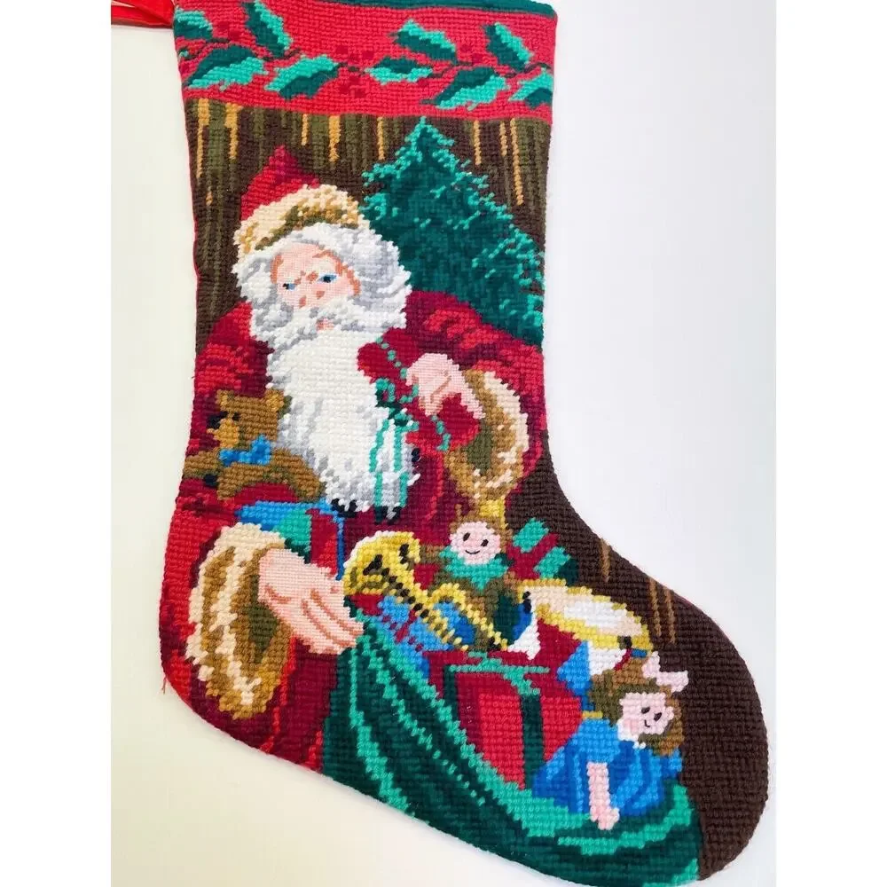 Vintage Needlepoint Wool Christmas Stocking Santa Bag of Toys